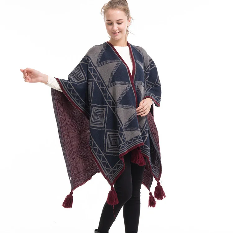 Spring Autumn Geometric Pattern Tassel Cape Women Knitted Cardigan Fashion Street Poncho Lady Capes Navy Cloaks