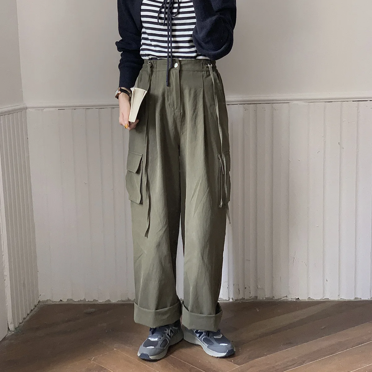 

2023 Chic Women Army Green Pants High Waist Trousers Joggers Women Cardo Pants Women Wide Leg Long Pants Female Trousers