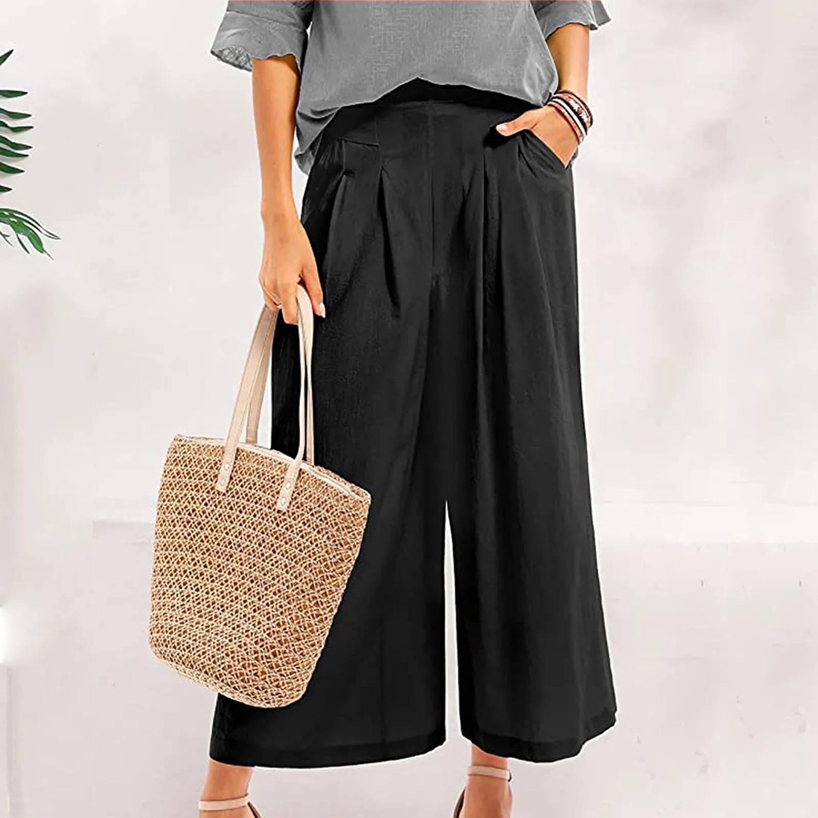 

Womens Culottes Cotton Linen Wide Leg Palazzo Pants Elastic Waist Capri Trousers Womens Pants Green Elastic Leopard Sweats