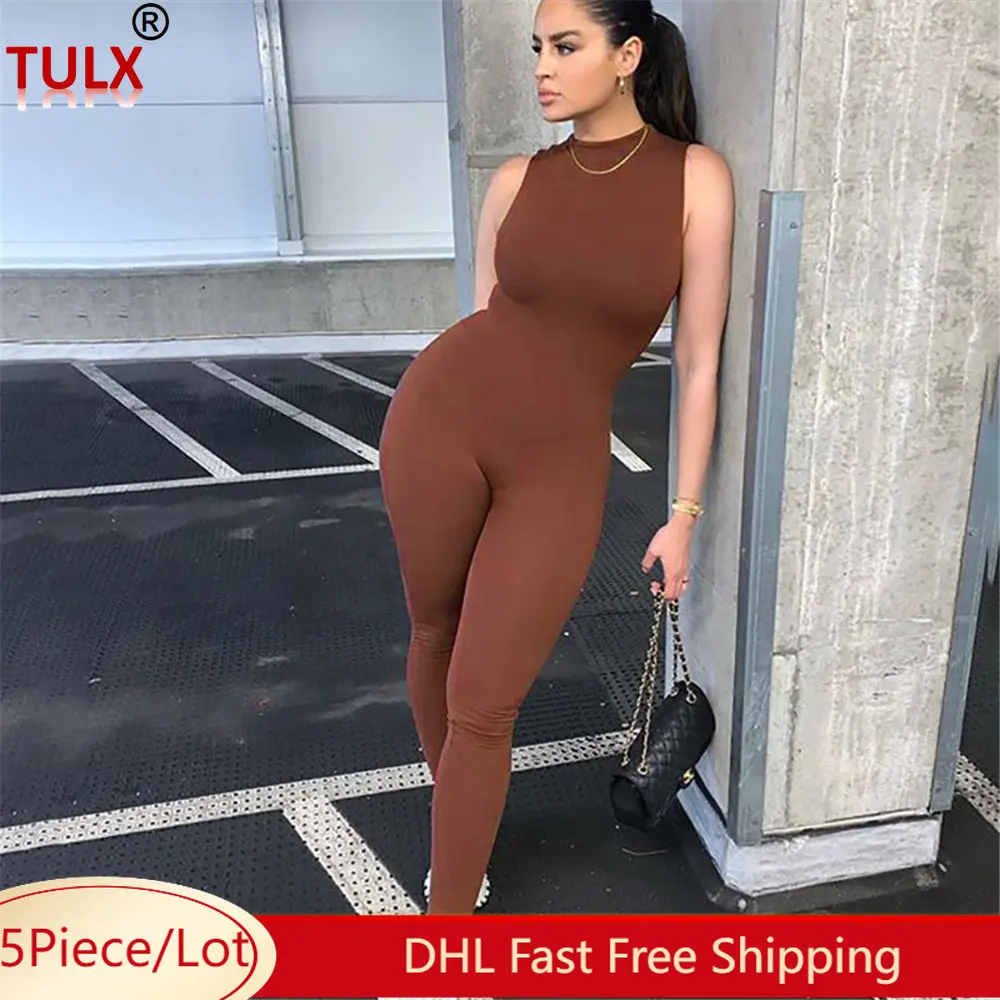 

5pc Bulk Wholesale Sleeveless Jumpsuits Women Bodycon Rompers Summer Casual Solid Jumpsuits One Piece Outfits Slim Leggings 8406