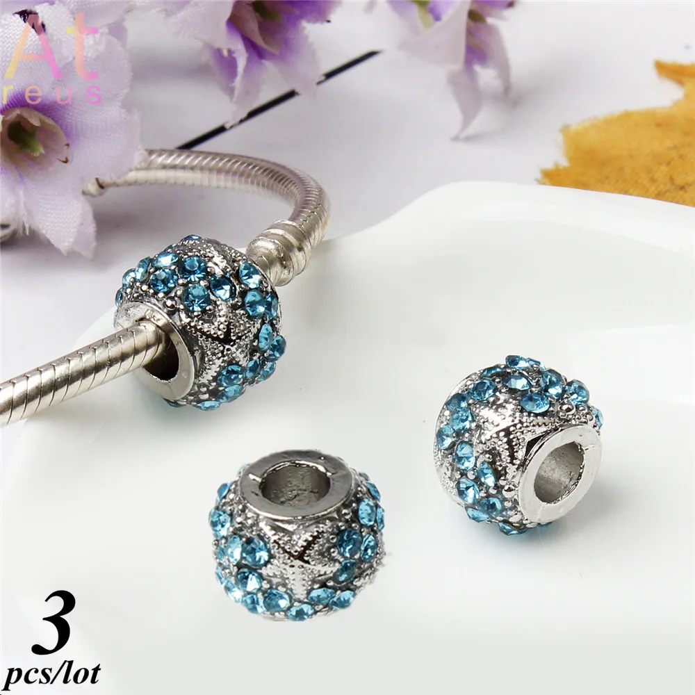 

3pcs/lot European Dazzling Blue Crystal Beads Fit For Silver Color Charms Bracelet Starfish Bead for Women DIY Jewelry Making