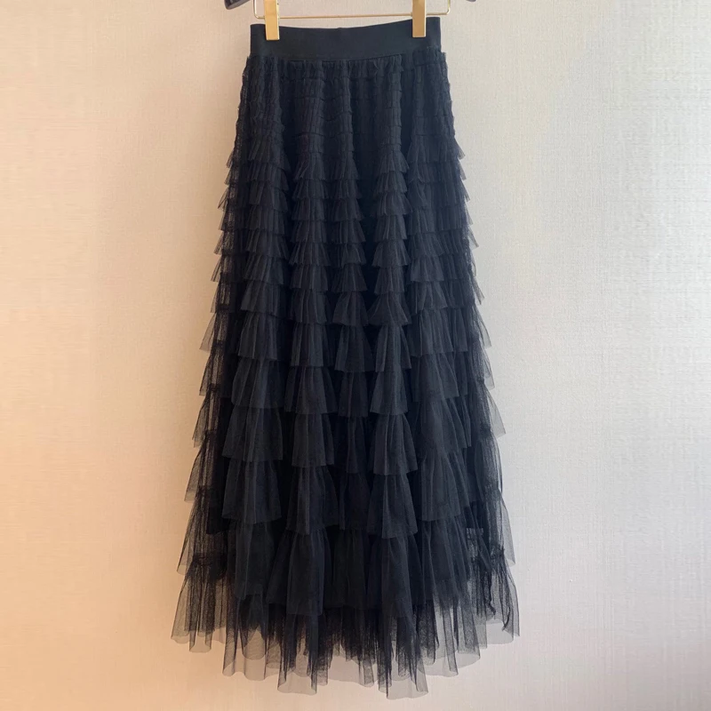 

2022 New Black Gauze Skirt Runway Design Gentle Slimming High Waist Ankle Skirt Women French Vintage Ladies Clothes Solid Color