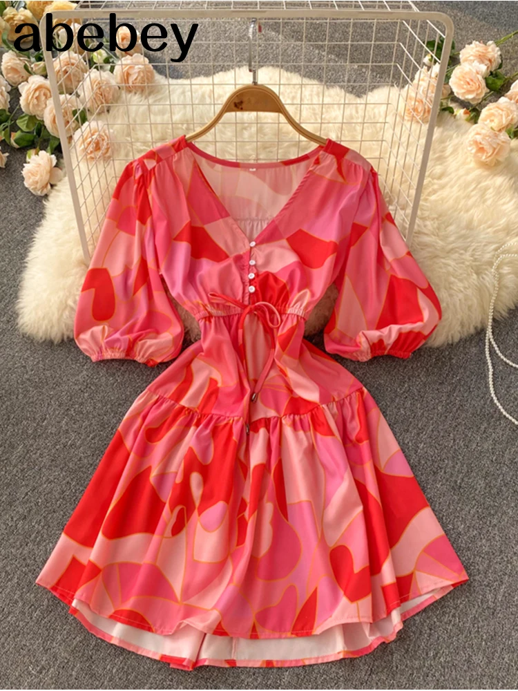 

Sexy Floral Pleated MiDI Dress Women Summer Elegant V-Neck Draped Ruffle Short Vestidos Female Vacation Beach Summer 2022 New