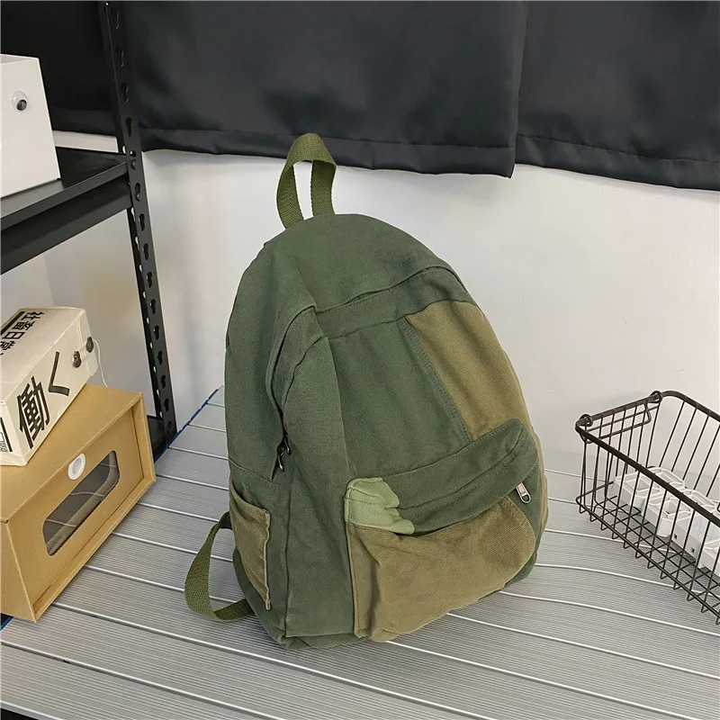 

Schoolbag Women ins Washed Canvas Backpack Color Contrast Simple Korean version Yuansu High School Student Backpack Women