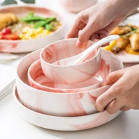 ceramic bowls plates tableware salad dessert bowls marbled pink soup bowl dish spoon household cutlery set kitchen accessories