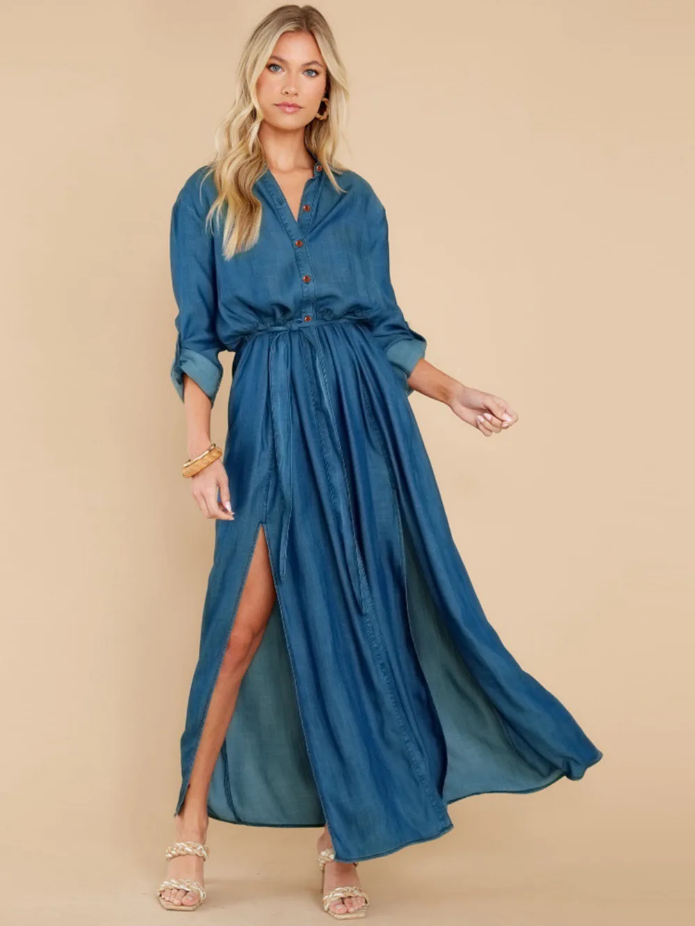 

Shirt Dress Sexy Long Sleeve Slit Denim Dresses 2022 New Women Spring Autumn Lapel Collar Casual Long Dress