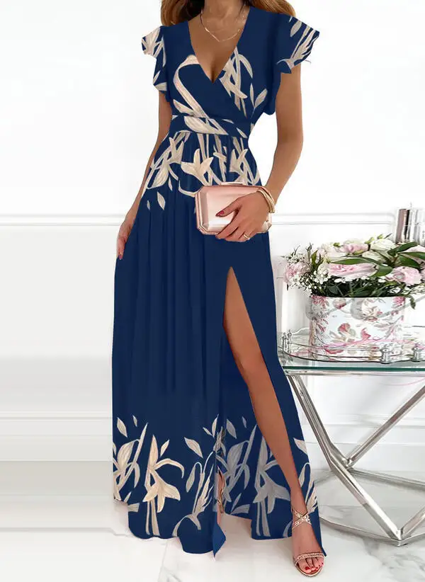 

Платье женское длинное с V-образным вырезом, элегантный повседневный вечерний сарафан с принтом на подоле, с завышенной талией, свободное пл...