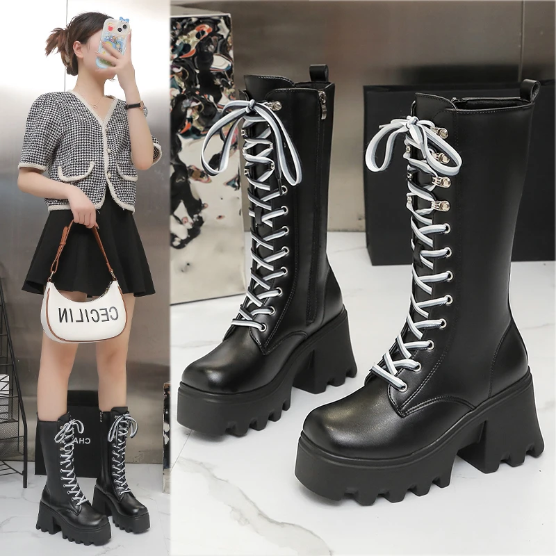 

2023 New 10cm High Rise Boots for All Seasons New True Super Fiber Leather Martin Boots Women's Thick Sole High Heel Short Boots