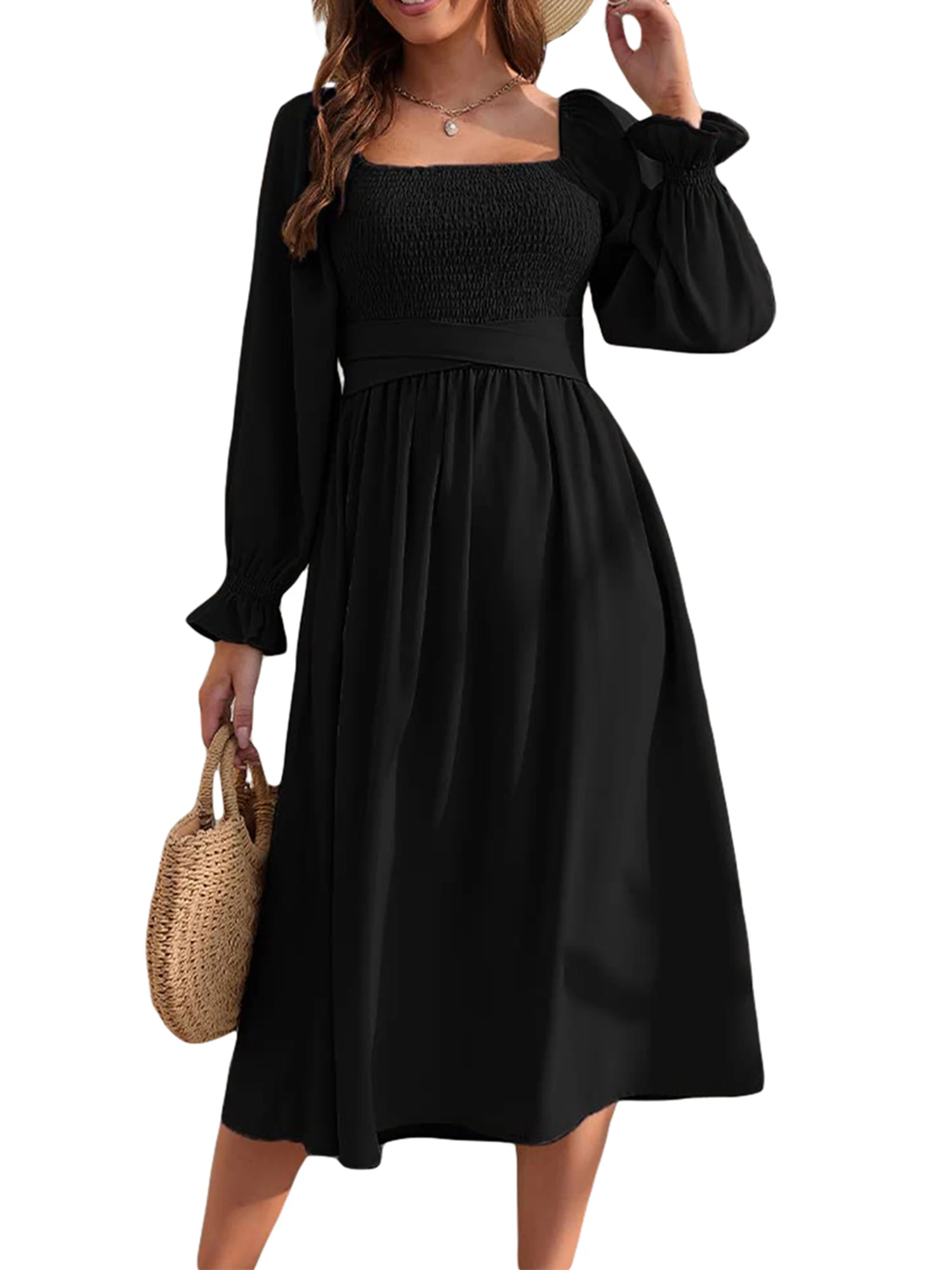 

Женское вечернее платье-миди с длинным рукавом-фонариком