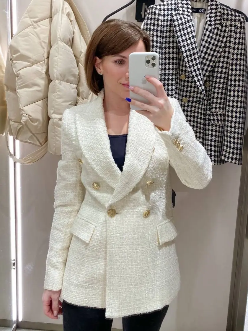 

2023 Fashion Double Breasted Tweed Blazer Coat Women Jacket Spring Vintage Long Sleeve Female Outerwear Chic Top