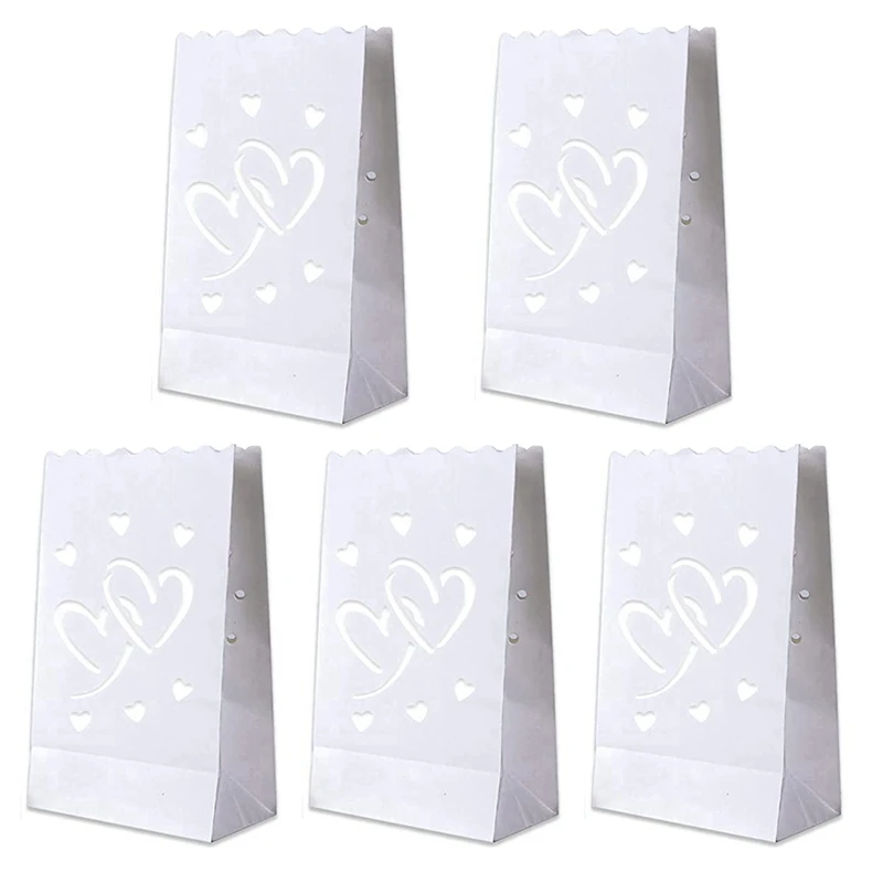 

50 PCS White Luminary Bags with Hearts, Flame Resistant Candle Bags, Tea Light Luminaries for Wedding, Valentine's Day