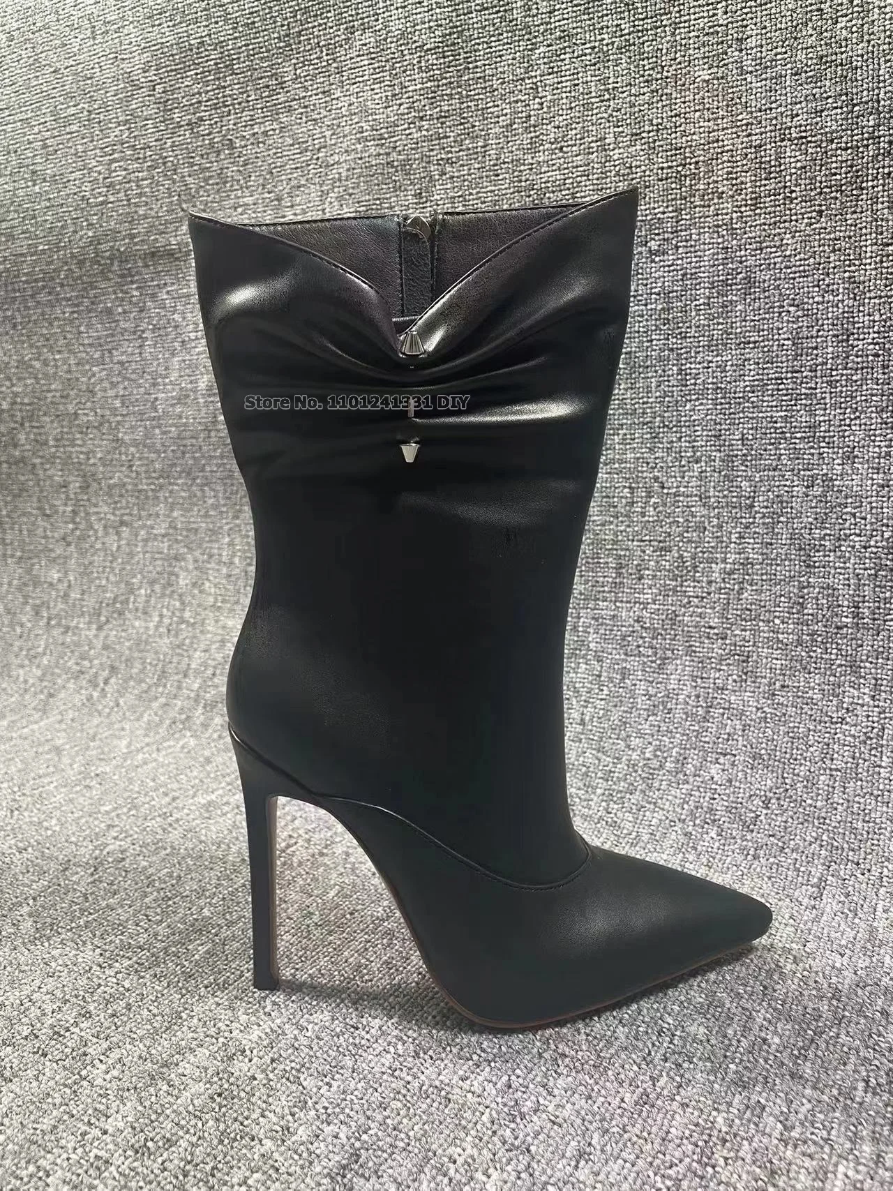 Woman Black Leather Thin High Heel Rivet Ankle Boots Concise New Botas Thin High Heels Female