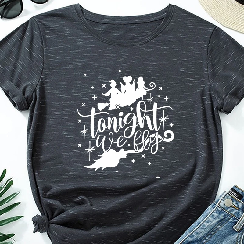 

Women Summer Halloween Regular T-shirts Female 100% Cotton Short Sleeve Three Witch Letter Print Ladies Graphic O-Neck Tees Tops