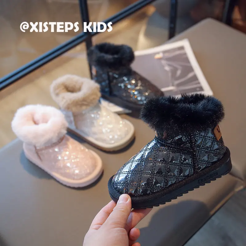 

Winter Warm Snow Boots For Children Girls With Fur Pink Black White Non-slip Waterproof Ankle Boots 2023 Outdoor Winter Shoes