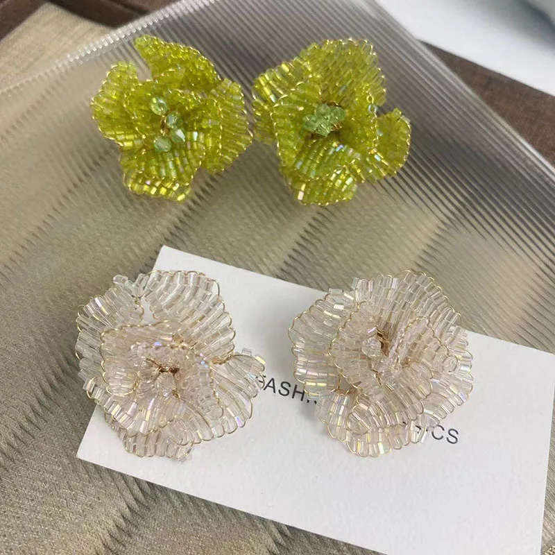 

Green Crystal Beaded Flower Drop Earrings for Women Dangle Earring Summer Weddings Fashion Jewelry Gifts