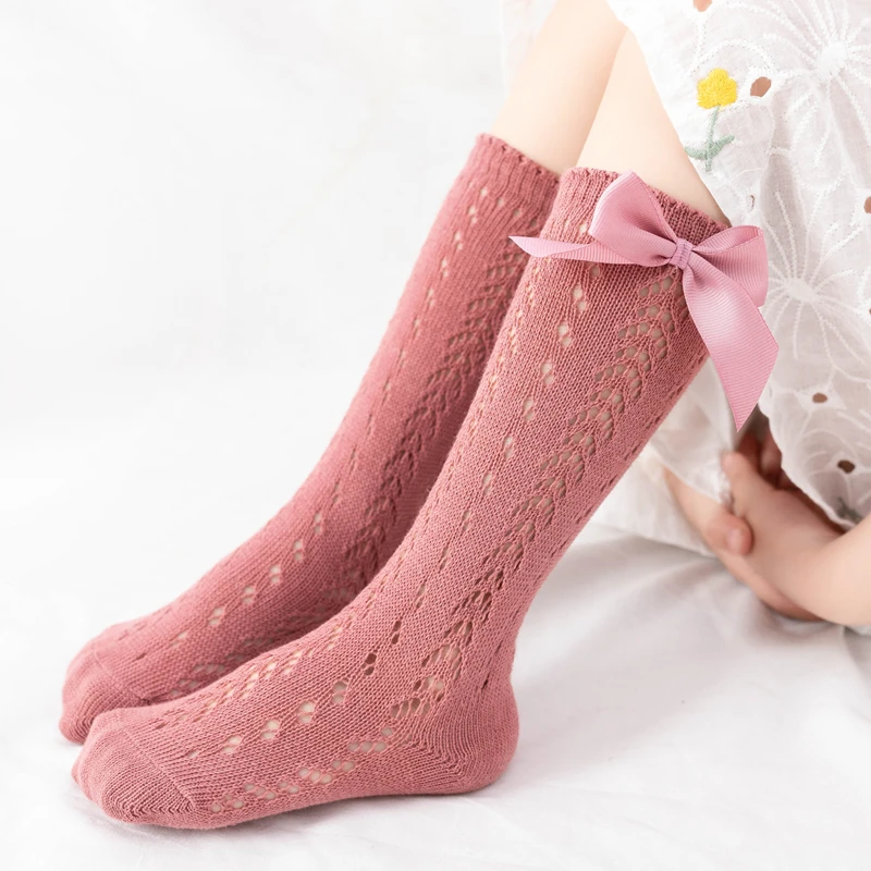 Летние детские носки для девочек 1-9 лет, длинные носки с бантом для малышей, детские гольфы до колен, мягкие хлопковые дышащие сетчатые носки, испанские детские носки