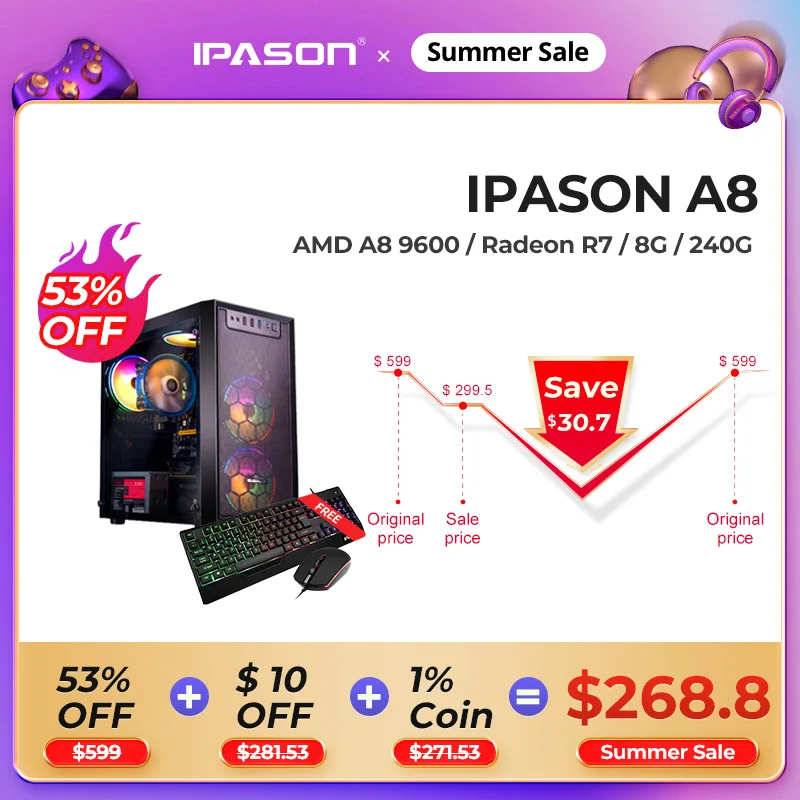 IPASON-E1 Мини-Игровой ПК AMD 4-ядерный Ryzen3 A8 9600 DDR4 8G 240G SSD настольный компьютер HDMI/LOL /CSGO /DOTA для геймеров компьютера - изображение