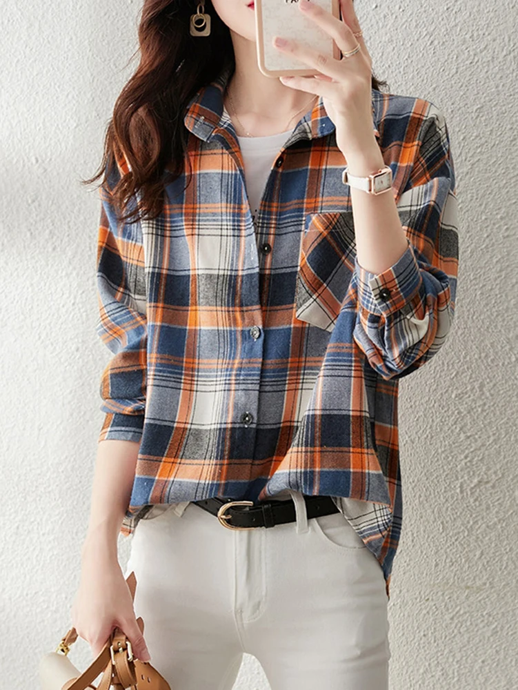 Клетчатая повседневная блузка женская мода весна-осень 2021 блузки с длинными