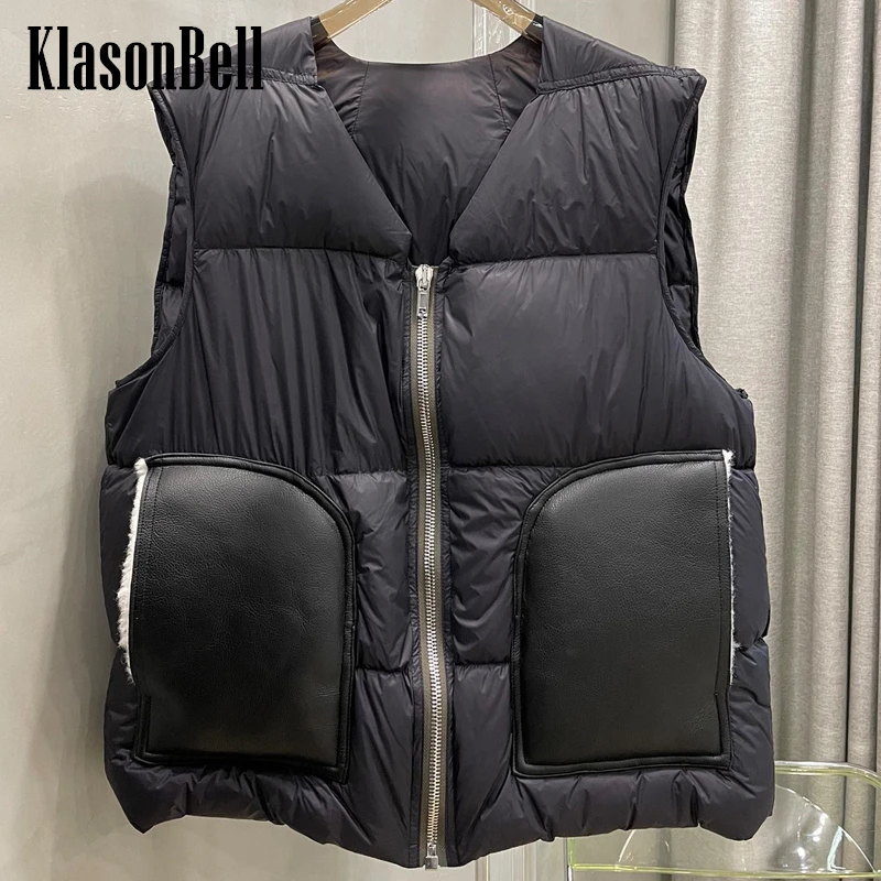 

11,14 KlasonBell-Женский Повседневный модный кожаный меховой карман сращенный гусиный пух V-образный вырез без рукавов пуховой жилет верхняя одежда