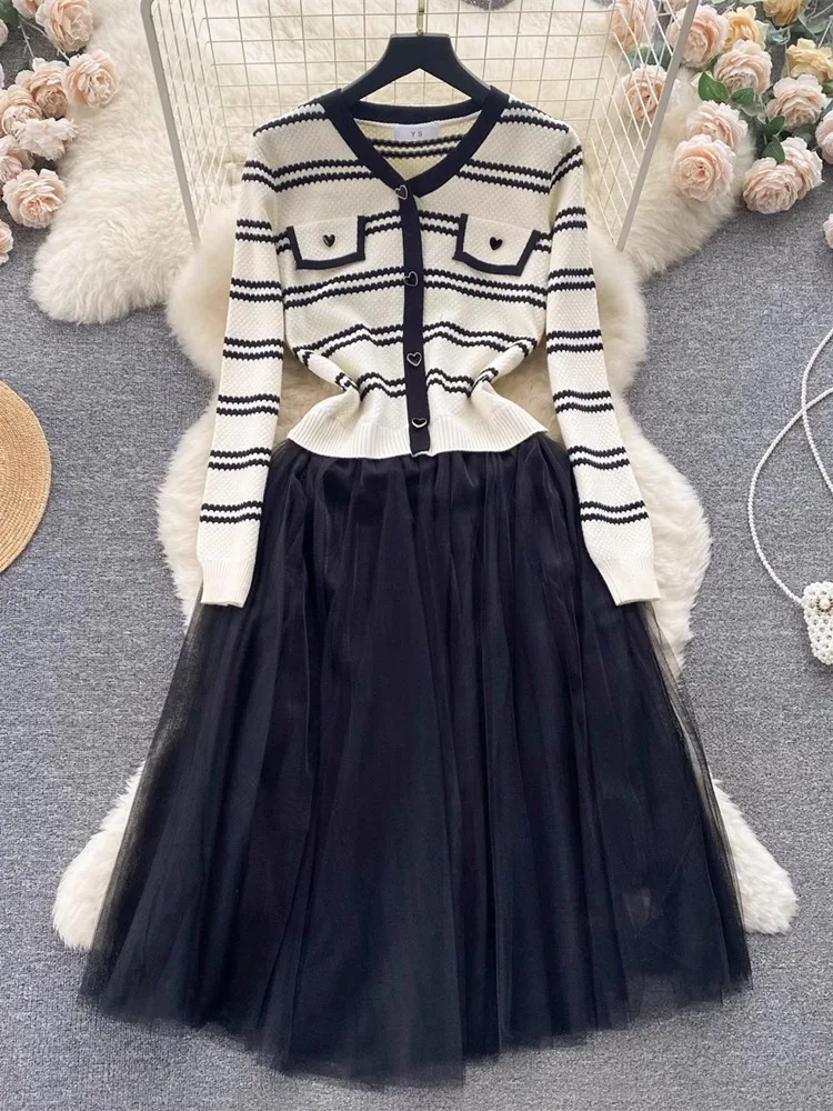 

GUUZYUVIZ Elegant Striped Knitted Splice Chiffon Dress For Women Autumn Winter Long Sleeve Slim Waist Black Knitwear Dresses