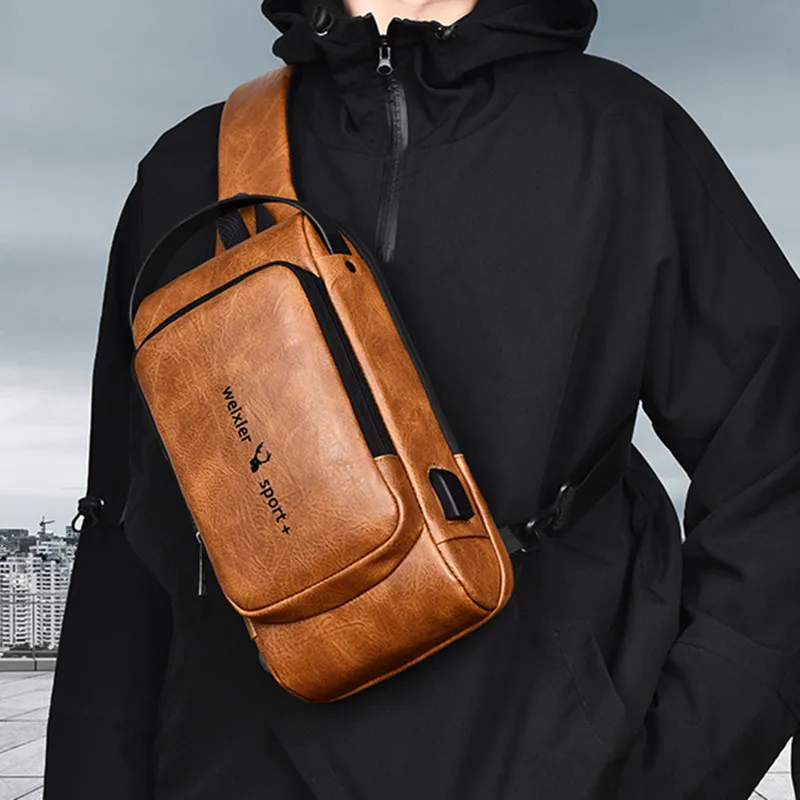 Large Capacity Leather Men Chest Bag Multifunctional Shoulder Bag Anti-Theft Crossbody Messenger Bag Waterproof Male Sling Bag