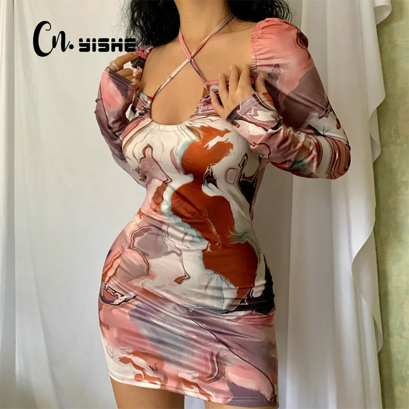 

CNYISHE Print Halter Long Sleeves Hollow Out Bodycon Dress 2022 Sexy Lace Up Bandage Women Dresses Y2K Party Club Robes Vestidos
