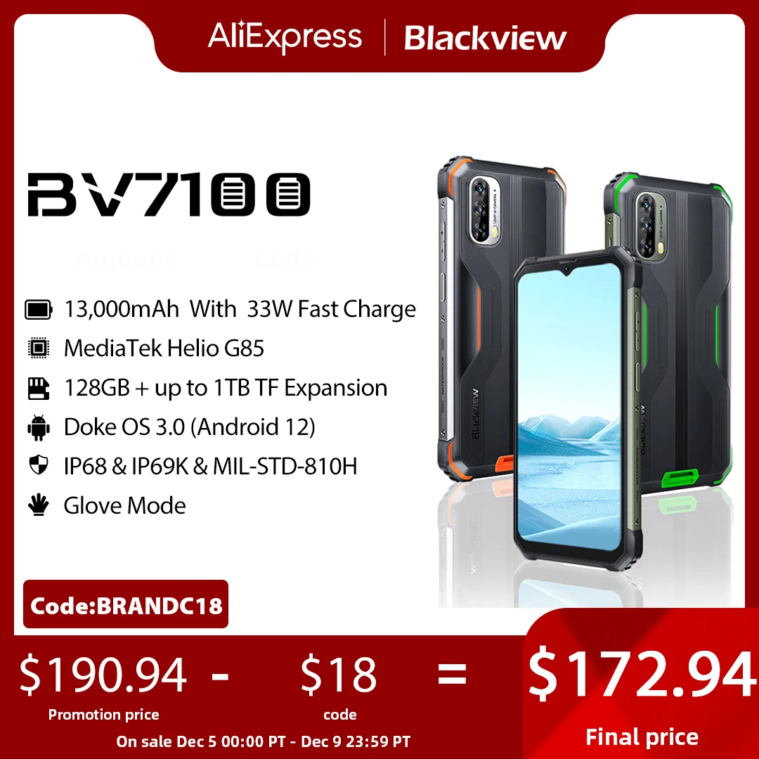 [World Premiere] Blackview BV7100 Rugged Phone 6GB 128GB 13000mAh Andriod 12 Octa Core Mobile Phone 6.58'' Waterproof Cell Phone