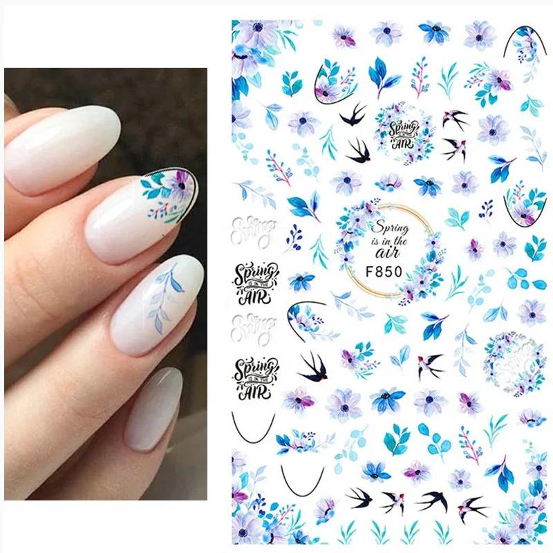 

3D Nail Stickers Watercolor Florals Blue Purple Flowers Leafs Birds Nail Decal Decoration Manicures For Nail Tips Beauty
