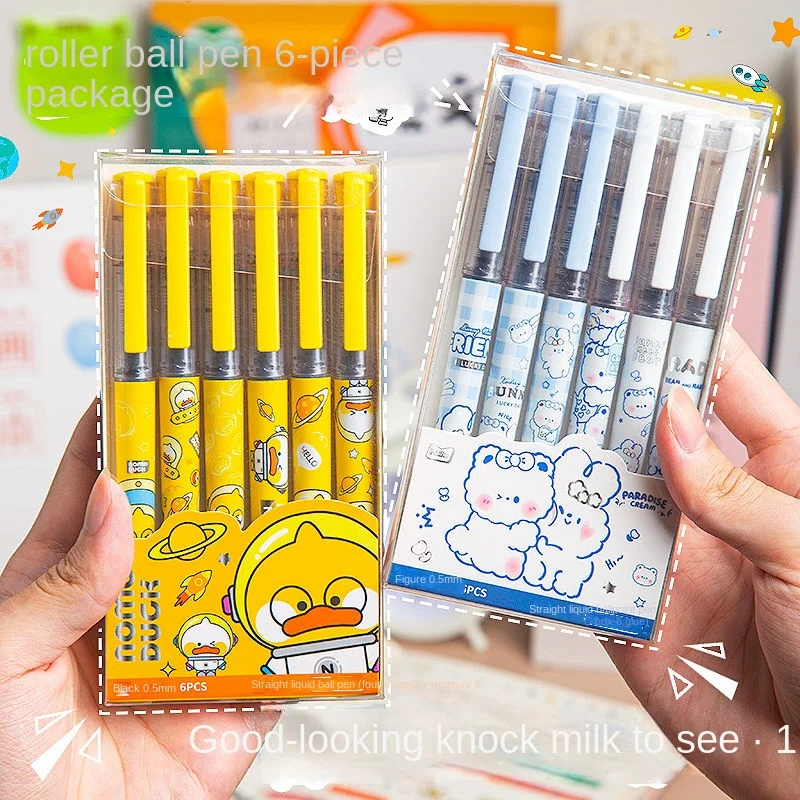 

6 Pcs Straight Liquid Ballpoint Pen Neutral Pen 0.5mm Black Creative Quick Drying Water Pen Cute Gel Pens School Supplies