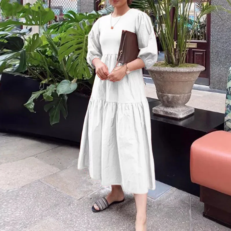 

Spring Elegant Ladies Pleated Maxi Dresses 2023 New Summer Loose Casual Party Dresses Women Temperament O-Neck Ruffle Long Dress