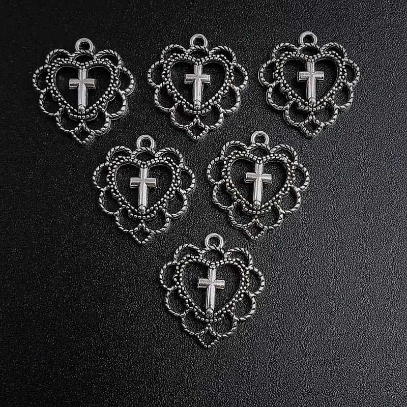 

10pcs Silver Plated Hollow Heart Shape Garland Crosses Pendant DIY Charm Christian Bracelet Earrings Jewelry Making 22*20mm