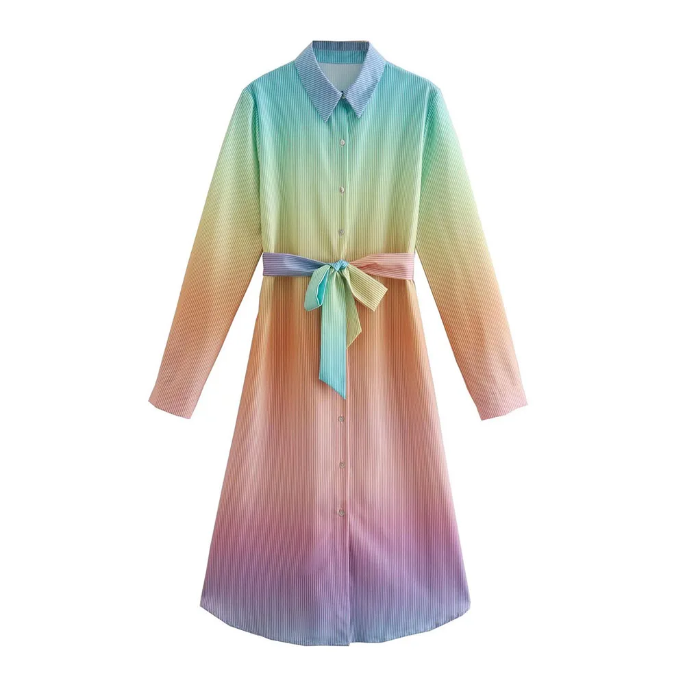 

Платье ZATRHMBM с длинным рукавом для женщин, модель 2022 года, однобортная юбка миди с лацканами и контрастными цветами, повседневное женское пла...