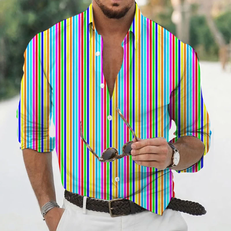 

Men's Autumn Polyester Long Sleeve Shirt Striped Print Casual Male Top Turn-down Collar Shirts Clothes Blouse Clothing For Men