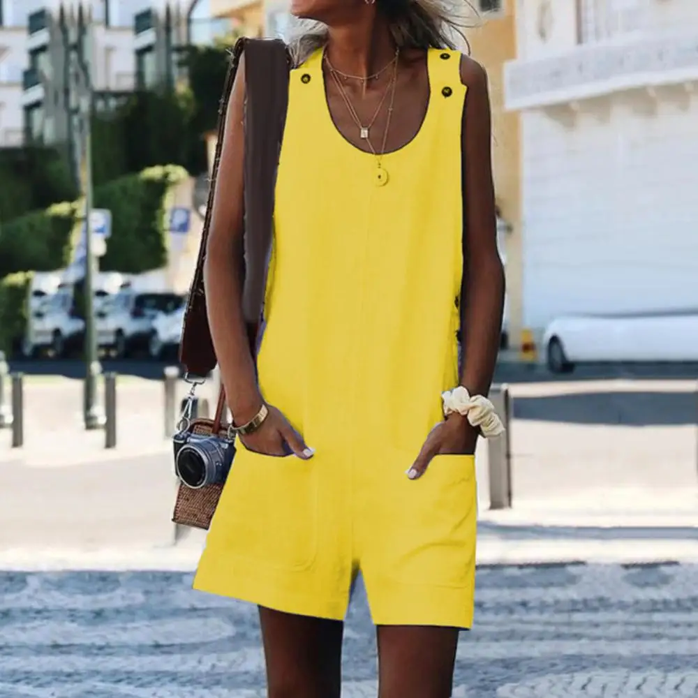 Женский комбинезон без рукавов повседневный однотонный из хлопка и льна с