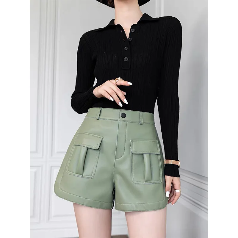 

2021 Autumn New Genuine Leather White Shorts Women's High Waist Casual A-word 100% Sheep Leather Pants Casual Wide Leg Shorts