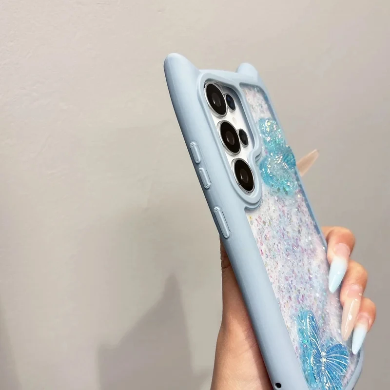 Фото Чехол для Samsung Galaxy S26 Ultra S26 Plus S26 с кошачьими ушками, бабочками и блестками, прозрачный, противоударный, из мягкого ТПУ №5