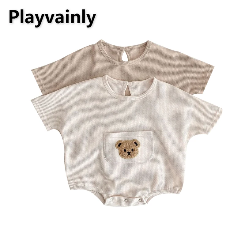 

Новый летний комбинезон для маленьких девочек и мальчиков, комбинезон с круглым вырезом и короткими рукавами, бежевый комбинезон Khkai с муль...