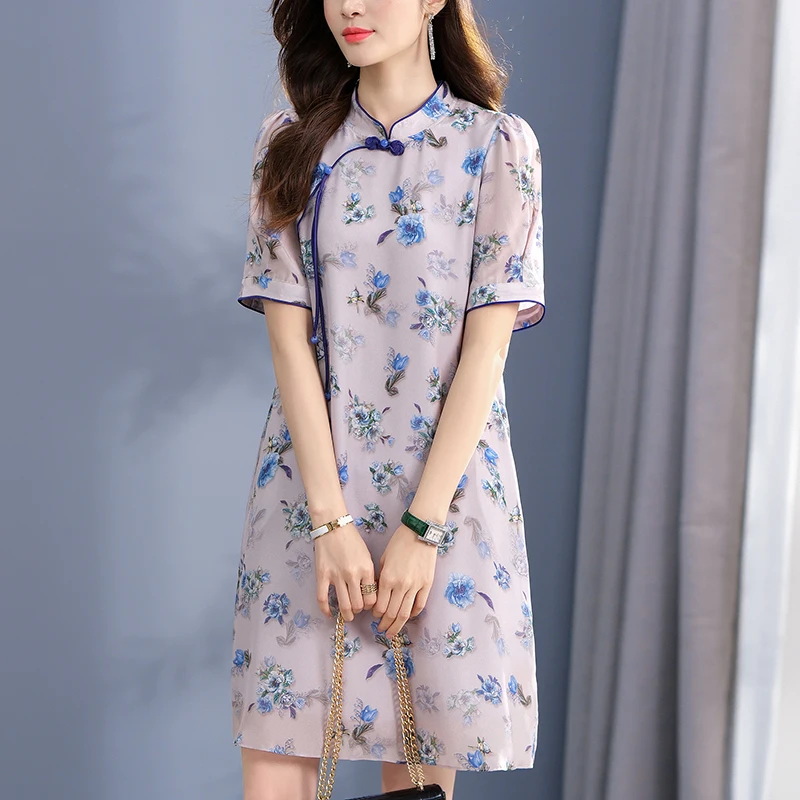 2023 Summer Women's Floral Dress 100% Real Silk Elegant Dresses Women Short Sleeve Chinese Style Woman Vintage Cheongsam Dress