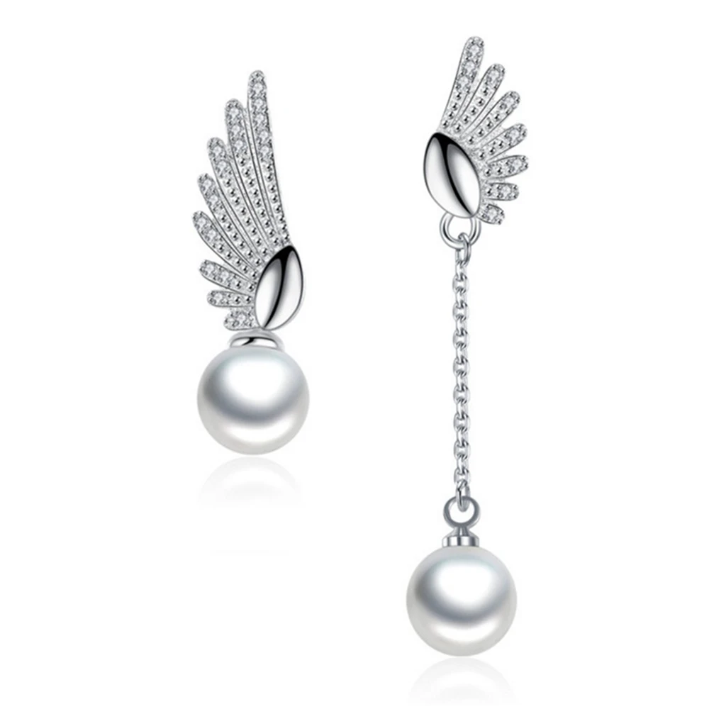 

NEHZY Silver plating jewelry woman Fashion Ladies Simple Asymmetric Angel Wings Pearls Drop woman Cubic Zirconia Earrings