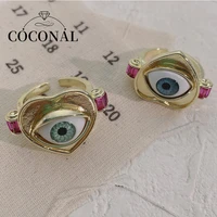 coconal 2pcsset creative heart evil eye purple crystal open ring for mens womens hip hop punk birthday party jewelry gift