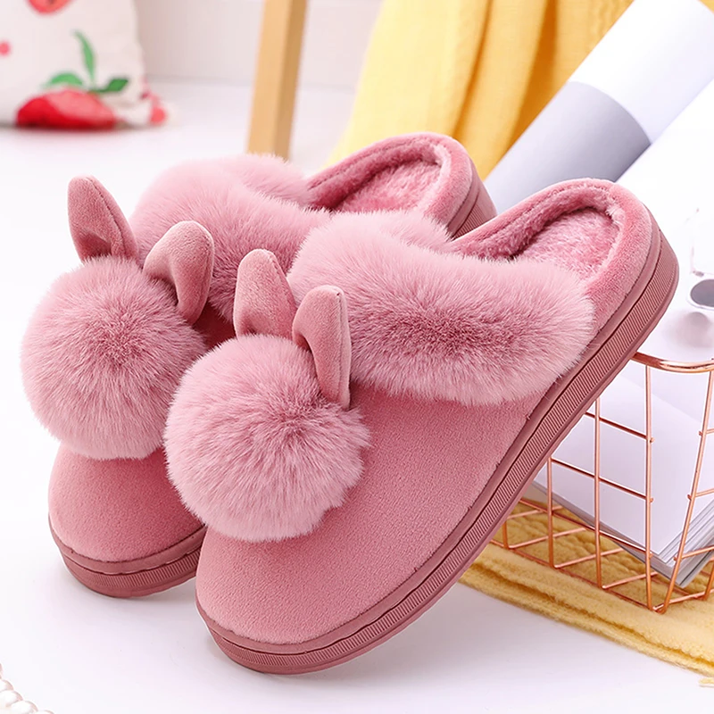 

Cartoon Women Home Slippers Rabbit Ears Slip On Soft Soled Winter Warm House Shoes Women Indoor Outdoor Fur Slippers Footwear