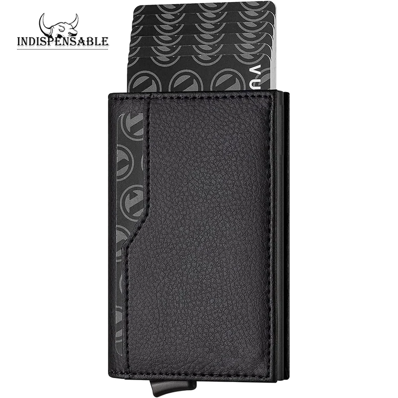 Credit Card Case with Double ID Window Genuine Leather RFID Blocking Automatic Leather Pop Up Wallet for Cards Notes Men Slim