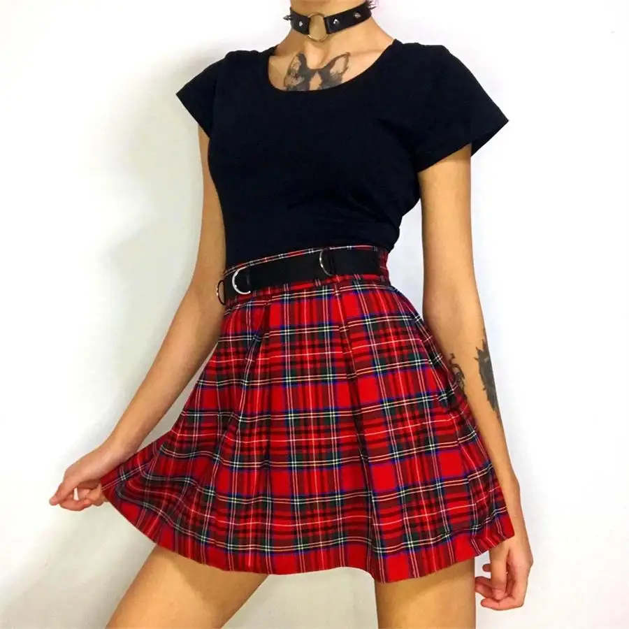 

Belt Detail Red Plaid Pleated Skirt