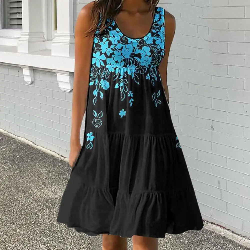 

Women Summer Dress Flower Print Sleeveless Vest Dress Loose Hem A-line Dating Dress Vintage Round Neck Midi Dress Female Garment