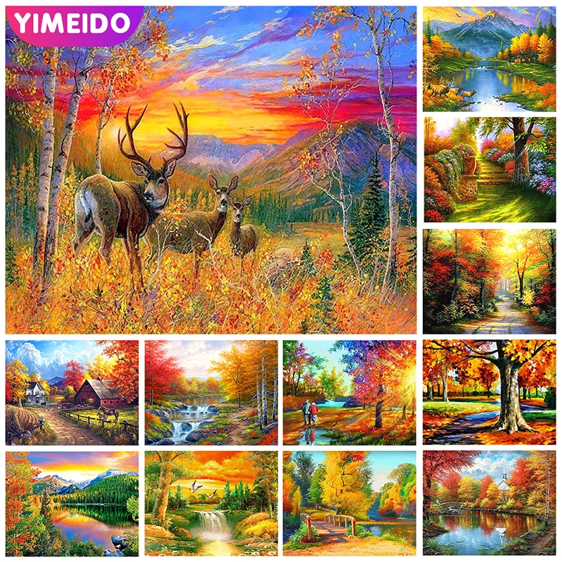 

YIMEIDO AB Diamond Painting Tree DIY Full Square Round Zipper Bag Diamond Embroidery Landscape Autumn Rhinestone Art Home Decor