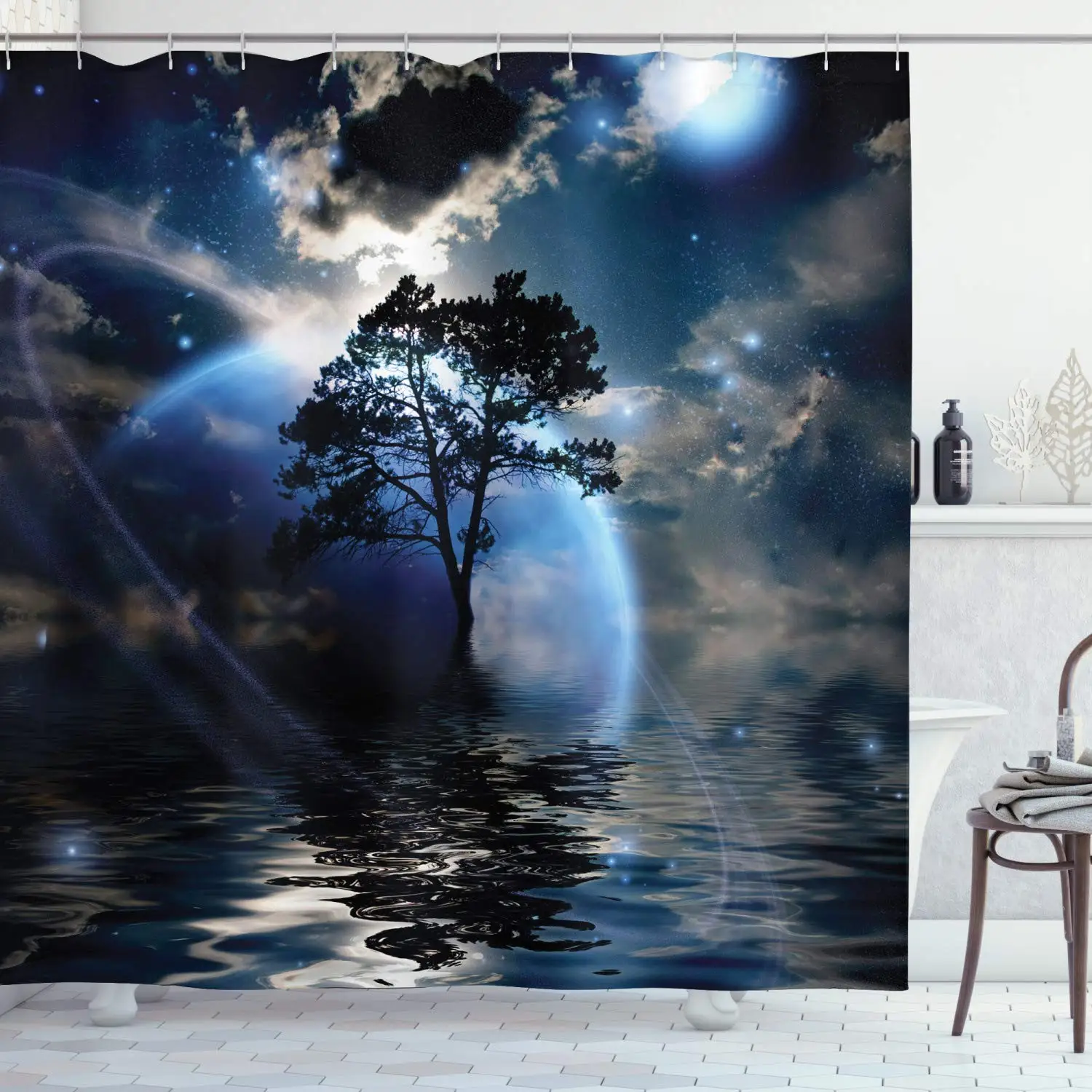 

Fantasy Shower Curtain,Water Night View Dark Clouds Stars Moonlight Skylights Rays Tree Reflection on Sea Waterproof Bath Decor
