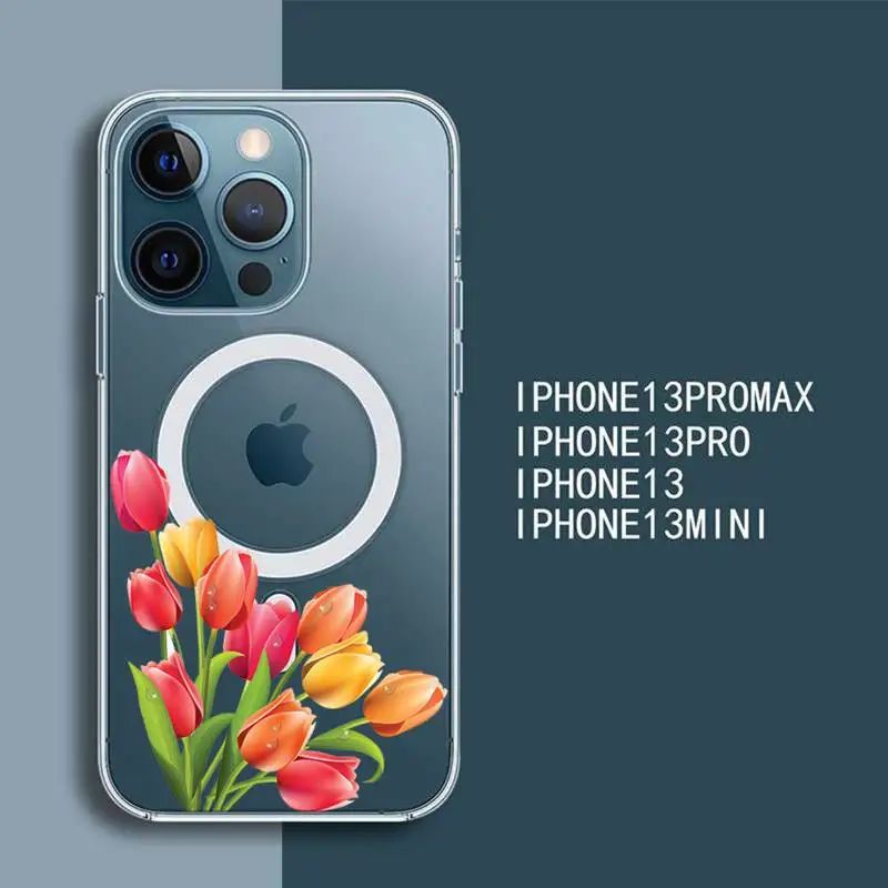 

Tulip Flower Phone Case Transparent Magsafe Magnetic Magnet For iPhone 13 12 11 Pro Max Mini Wireless Charging Cover