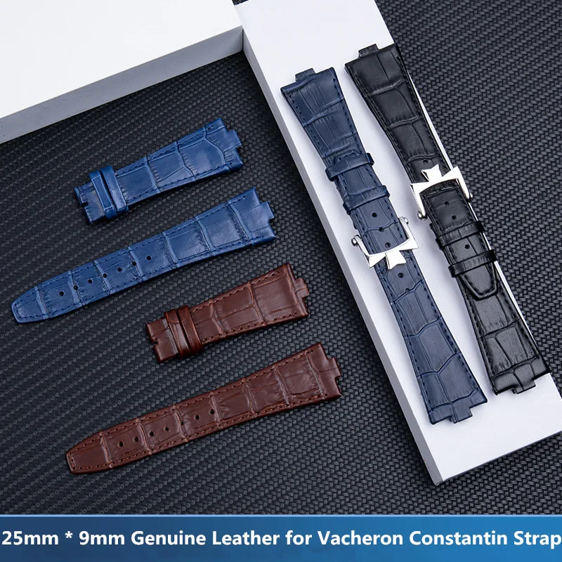 

25mm*9mm Genuine Leather Cowhide Watch Band Replacement for Vacheron Constantin Strap Overseas Calfskin Black Folding Buckle