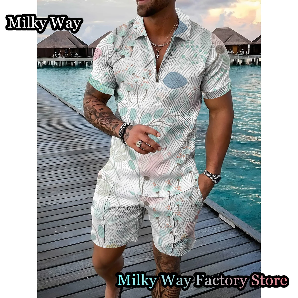 New Summer Men's Vintage Polo Shirt Set 2 Pieces Floral Printing Tracksuit Male Trun Down Collar Outfit Casual Hawaii Clothing
