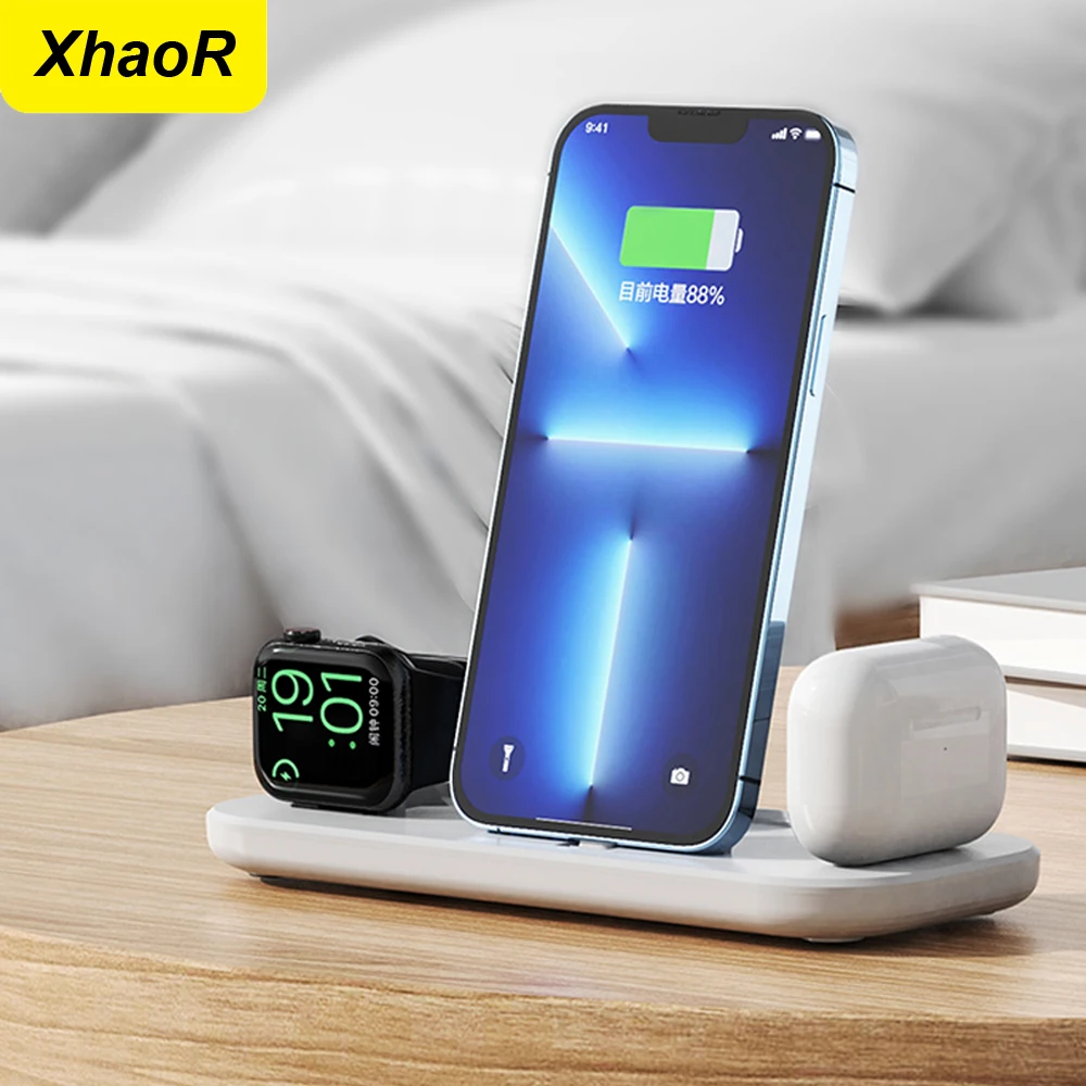 3 in 1 Wireless Charger Base For iPhone 11 12 13 Pro Max Apple Watch Electromagnetic Induction Lightning Charging Qi Phone Stand
